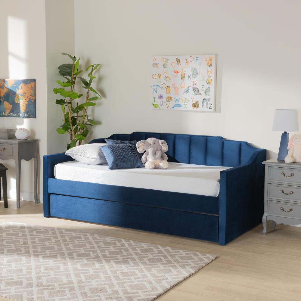 Navy Blue Velvet Fabric Upholstered Twin Size Daybed with Trundle. Picture 17