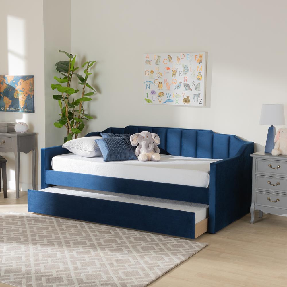 Navy Blue Velvet Fabric Upholstered Twin Size Daybed with Trundle. Picture 18
