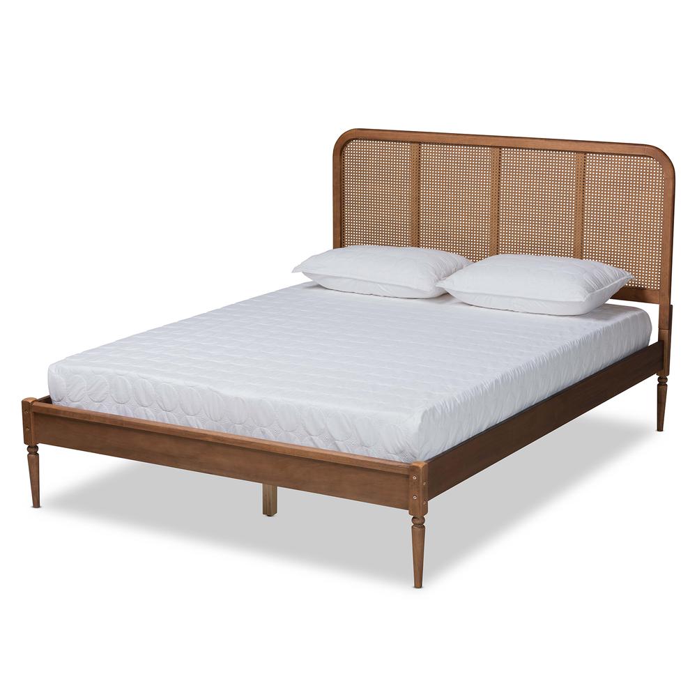 Walnut Brown Finished Wood and Synthetic Rattan Full Size Platform Bed. Picture 12