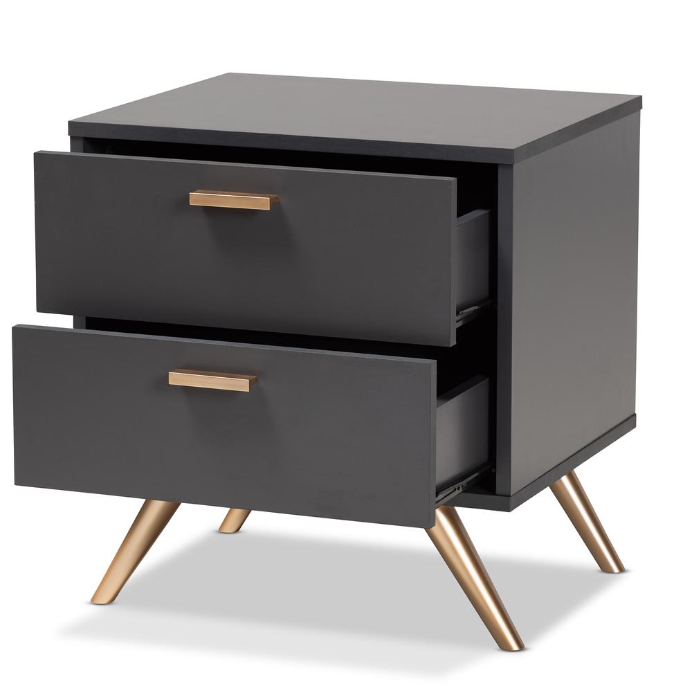 Dark Grey and Gold Finished Wood 2-Drawer Nightstand. Picture 12