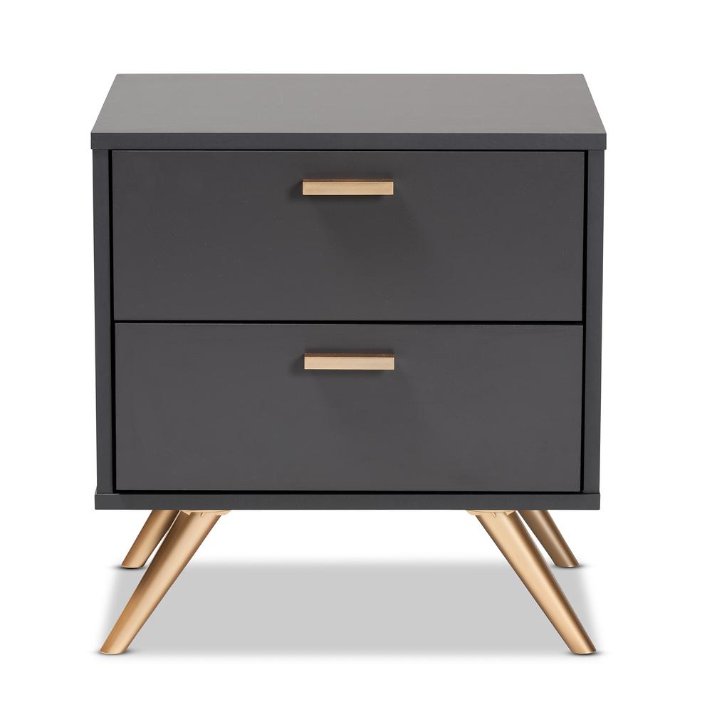 Dark Grey and Gold Finished Wood 2-Drawer Nightstand. Picture 13