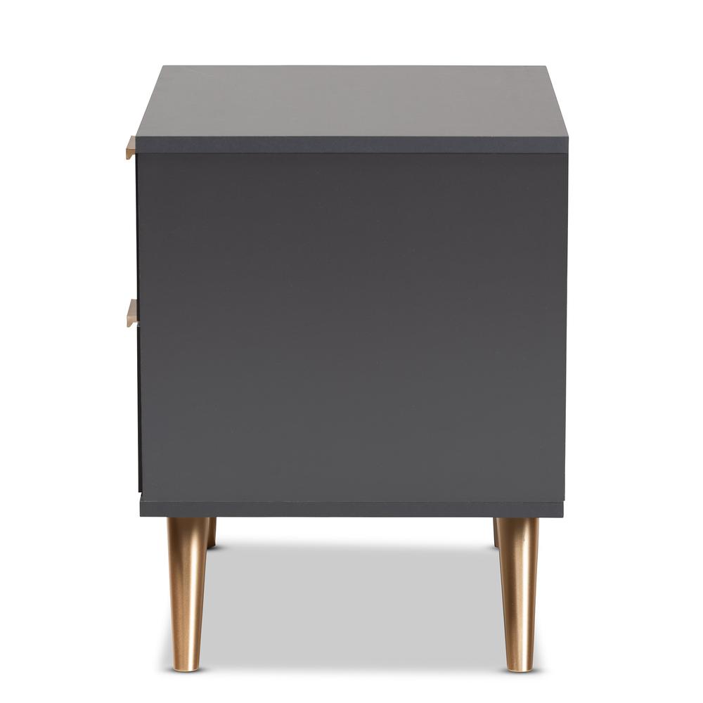 Dark Grey and Gold Finished Wood 2-Drawer Nightstand. Picture 14