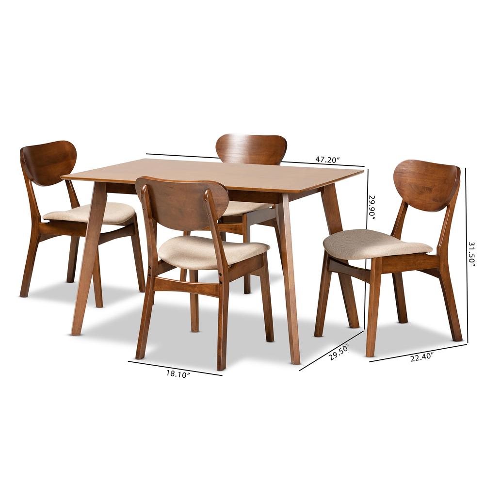 Sand Fabric Upholstered and Walnut Brown Finished Wood 5-Piece Dining Set. Picture 18