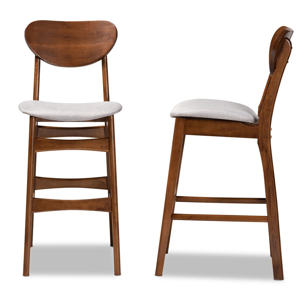 Grey Fabric Upholstered and Walnut Brown Finished Wood 2-Piece Bar Stool Set. Picture 11