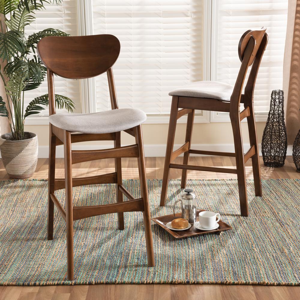 Grey Fabric Upholstered and Walnut Brown Finished Wood 2-Piece Bar Stool Set. Picture 14