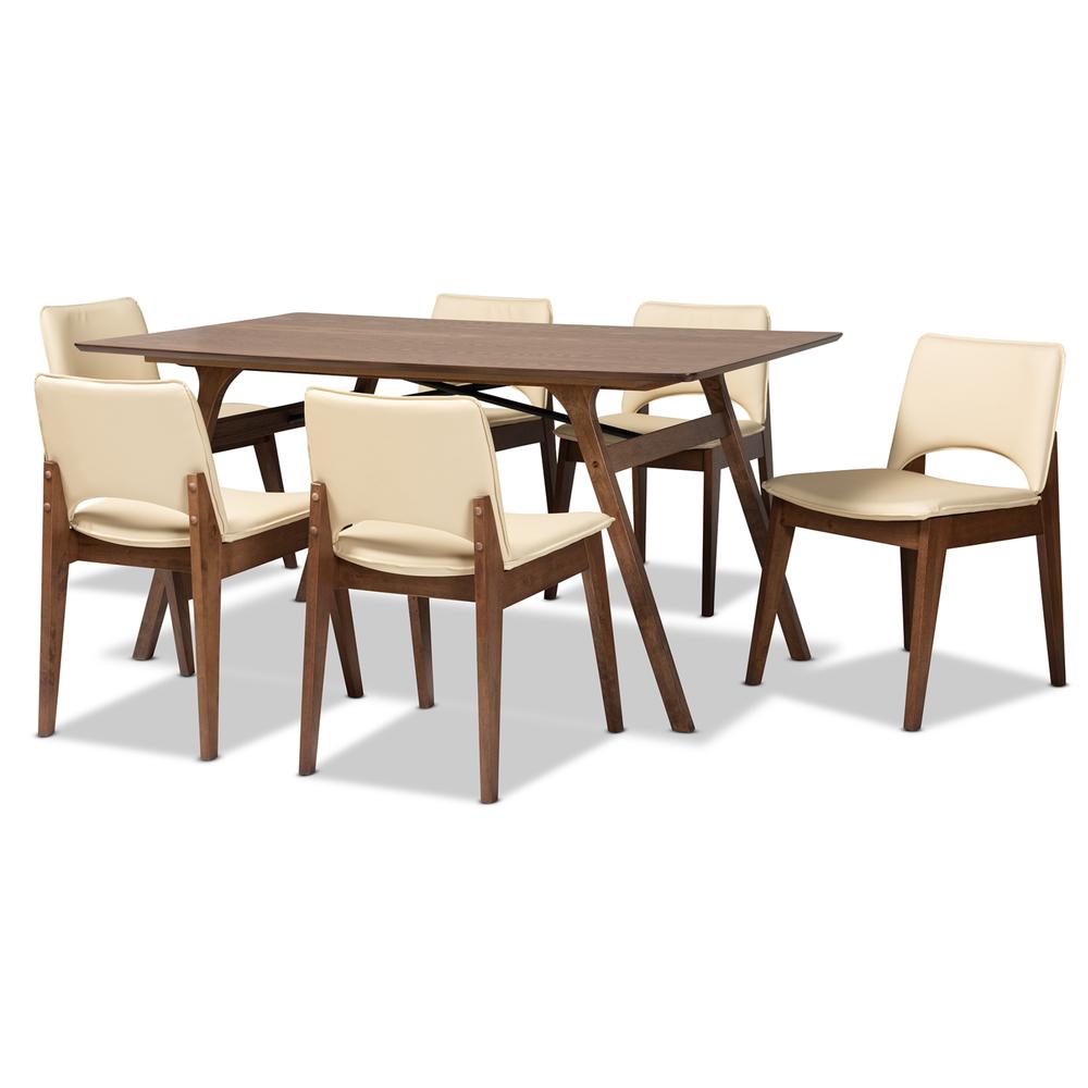 Leather Upholstered and Walnut Brown Finished Wood 7-Piece Dining Set. Picture 10