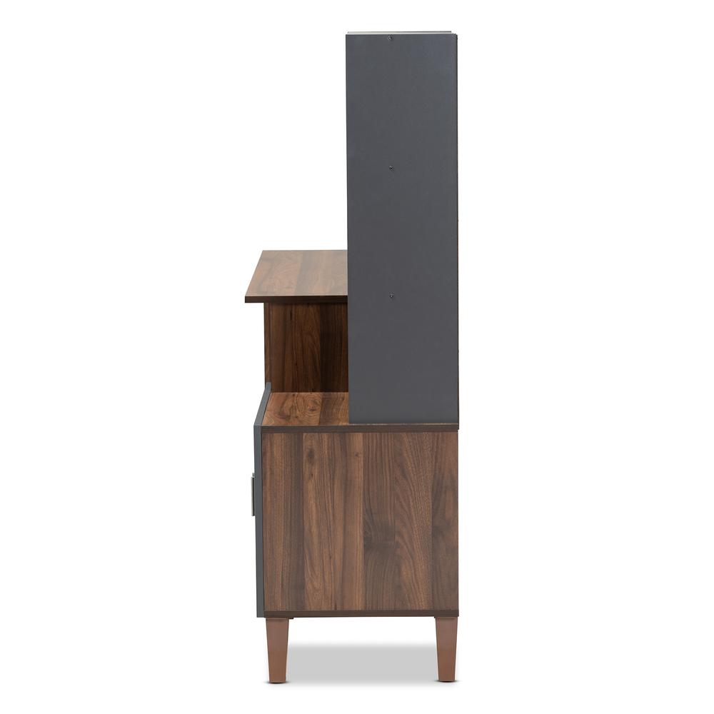 Two-Tone Walnut Brown and Dark Grey Finished Wood Storage Desk with Shelves. Picture 14