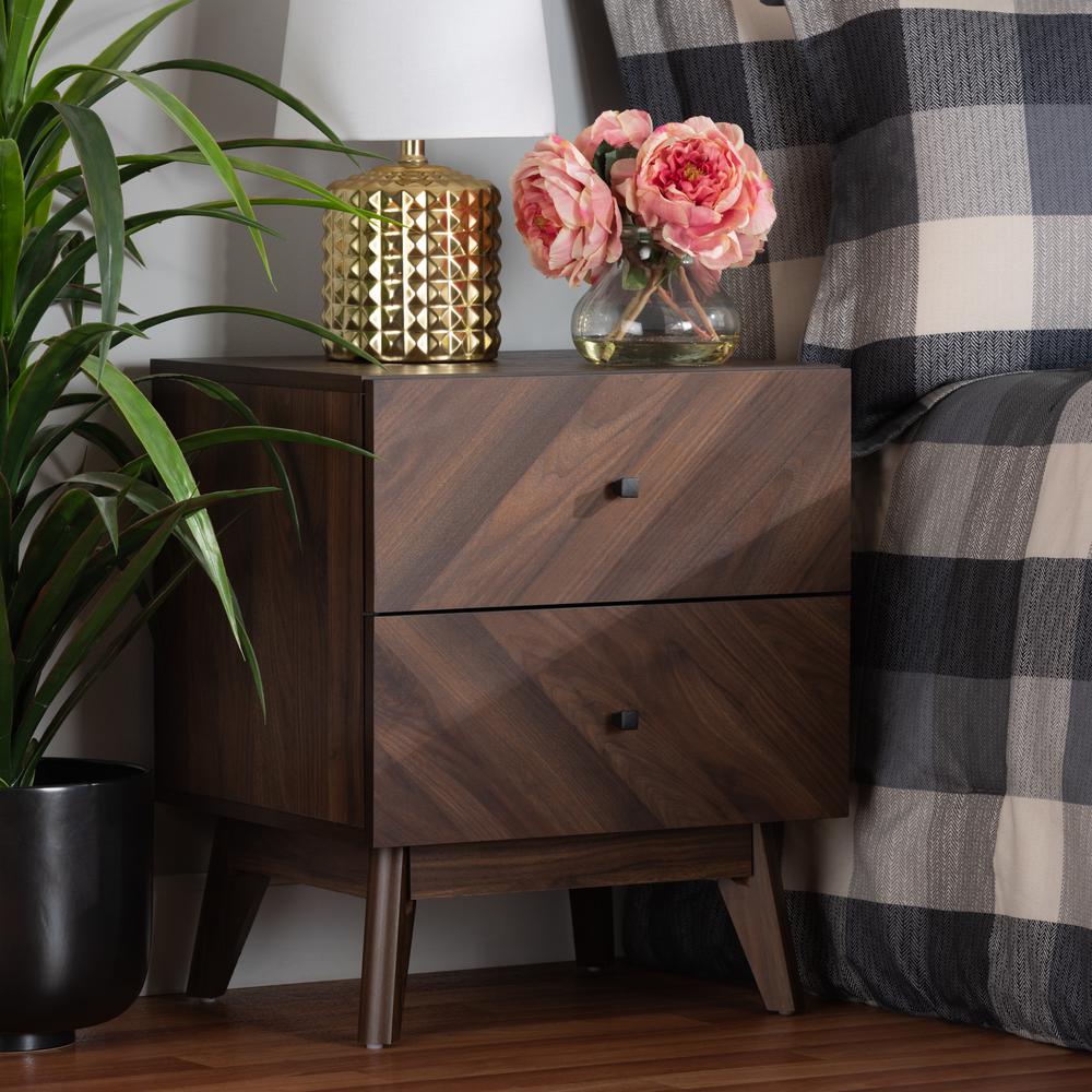 Hartman Mid-Century Modern Walnut Brown Finished Wood 2-Drawer Nightstand. Picture 18