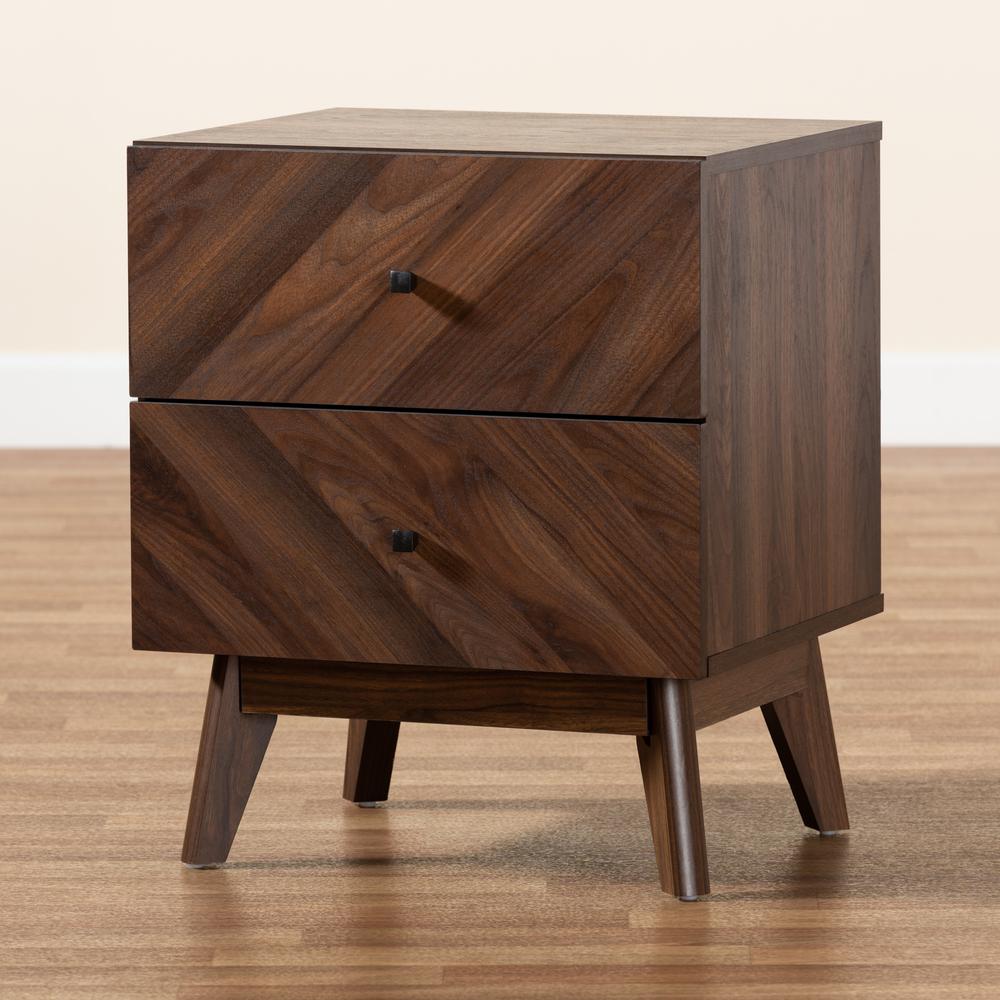 Hartman Mid-Century Modern Walnut Brown Finished Wood 2-Drawer Nightstand. Picture 19