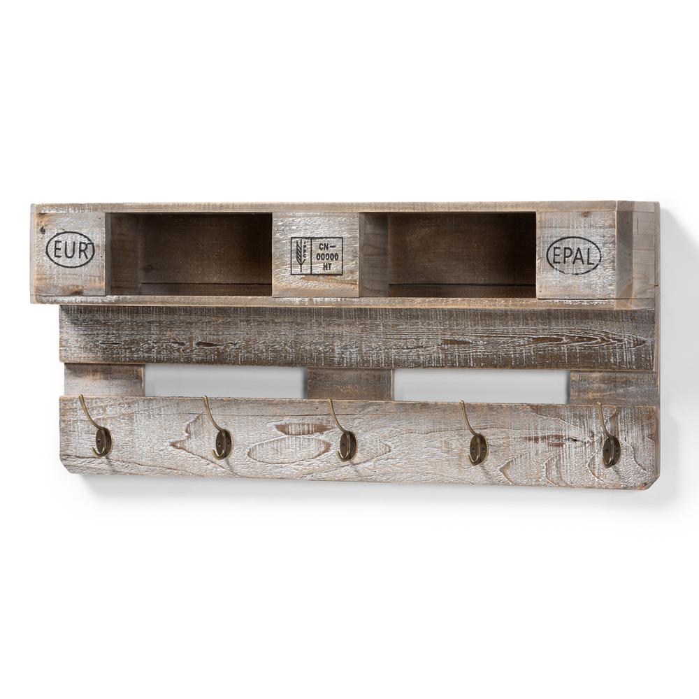 Rustic Whitewashed Grey Oak Finished Wood Wall Mounted Coat Rack with Shelves. Picture 6