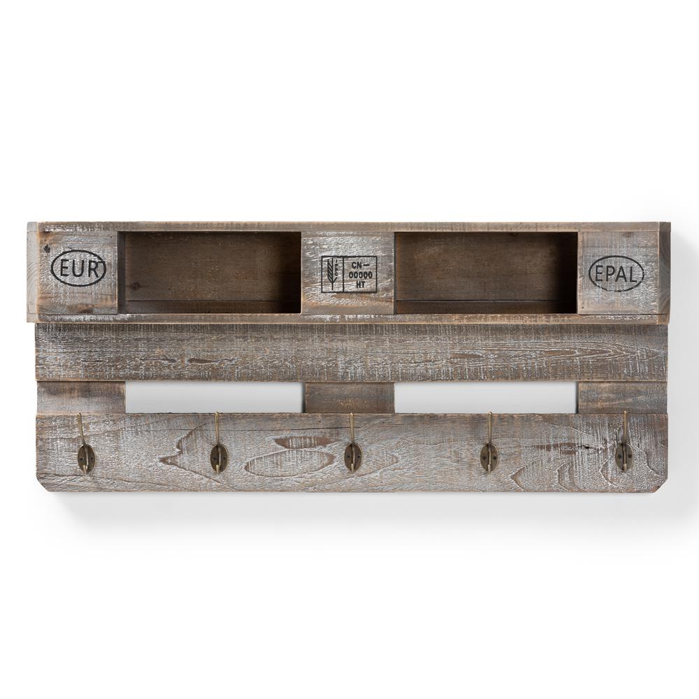 Rustic Whitewashed Grey Oak Finished Wood Wall Mounted Coat Rack with Shelves. Picture 7