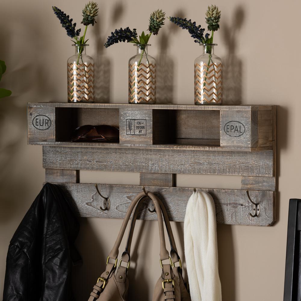 Rustic Whitewashed Grey Oak Finished Wood Wall Mounted Coat Rack with Shelves. Picture 9