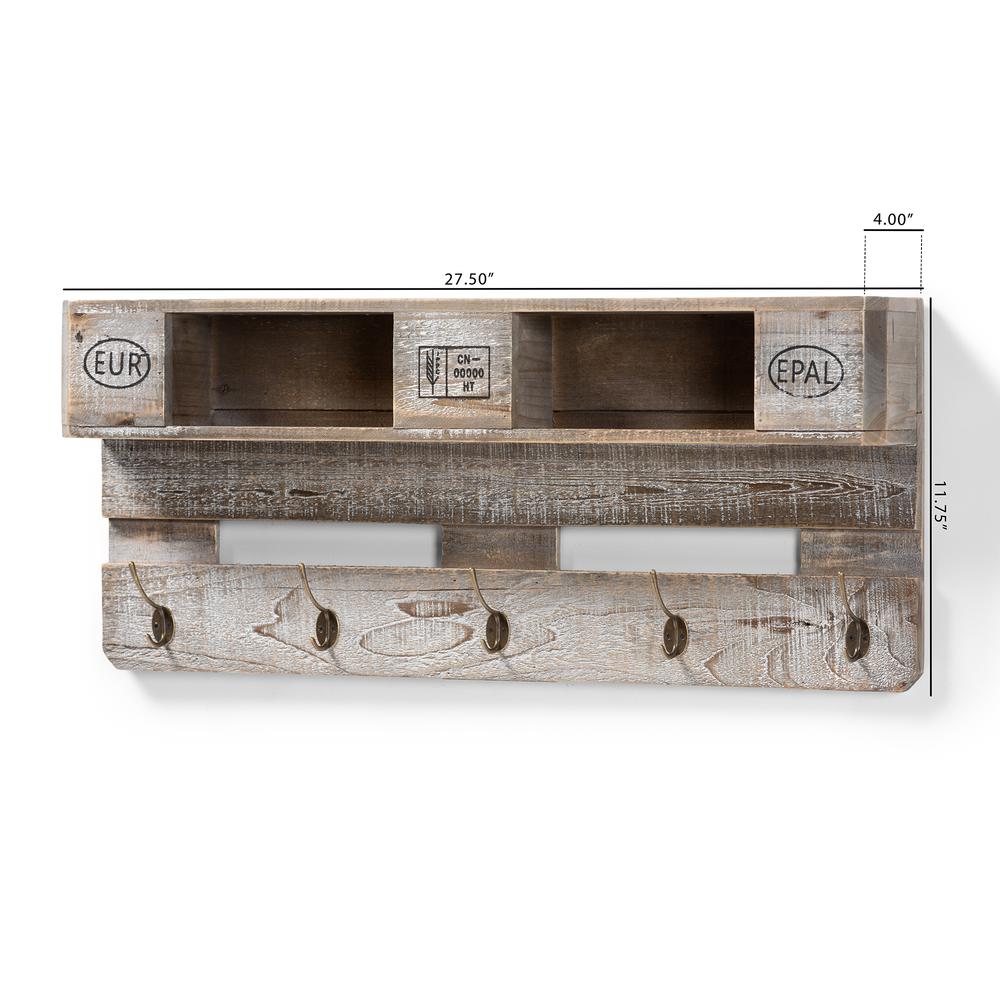 Rustic Whitewashed Grey Oak Finished Wood Wall Mounted Coat Rack with Shelves. Picture 10