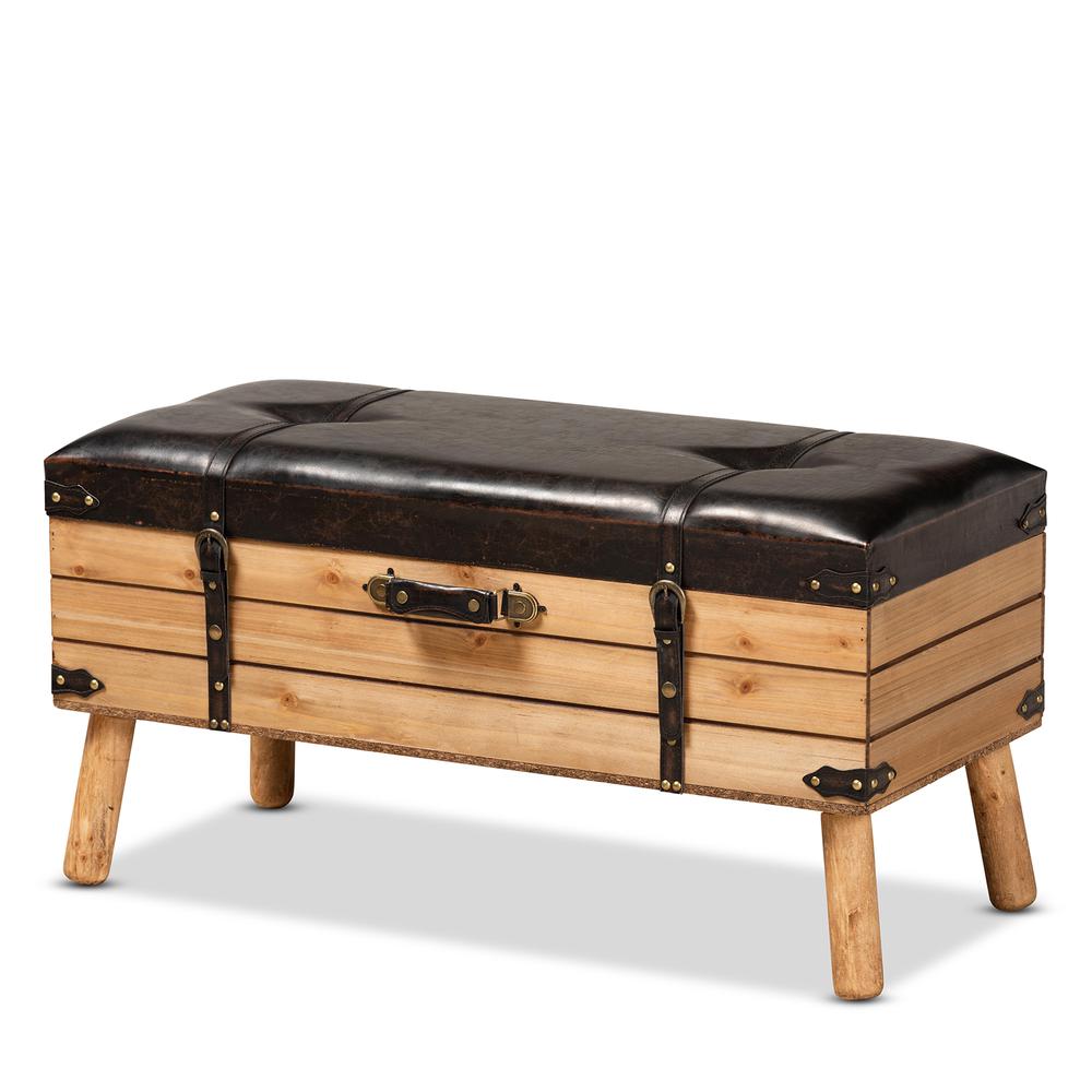 Dark Brown PU Leather Upholstered and Oak Finished Wood Large Storage Ottoman. Picture 13