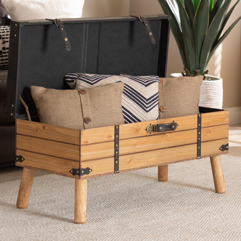 Dark Brown PU Leather Upholstered and Oak Finished Wood Large Storage Ottoman. Picture 22