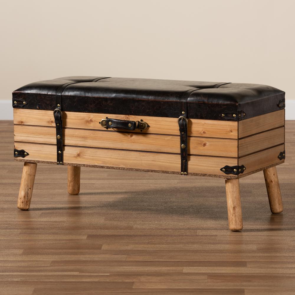 Dark Brown PU Leather Upholstered and Oak Finished Wood Large Storage Ottoman. Picture 23