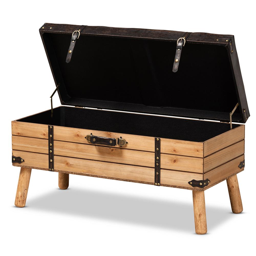 Dark Brown PU Leather Upholstered and Oak Finished Wood Large Storage Ottoman. Picture 14