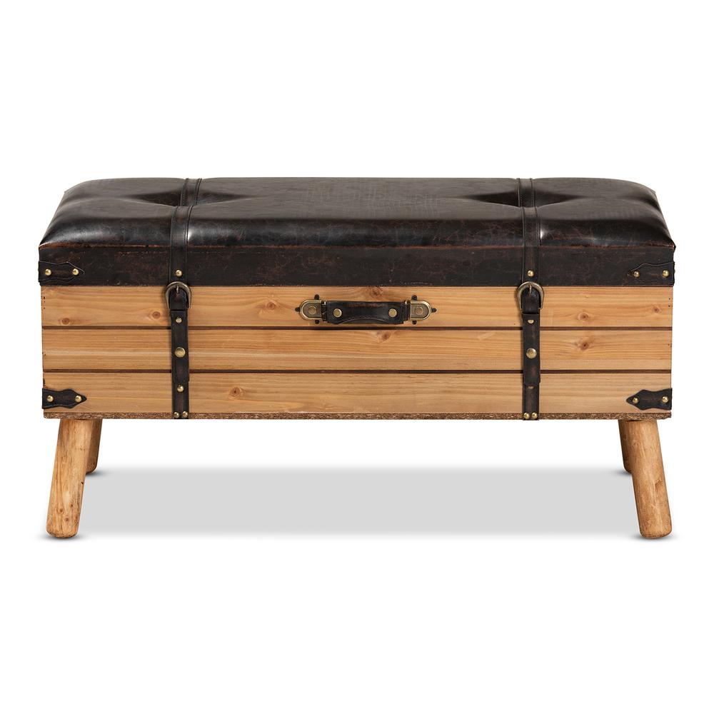 Dark Brown PU Leather Upholstered and Oak Finished Wood Large Storage Ottoman. Picture 15