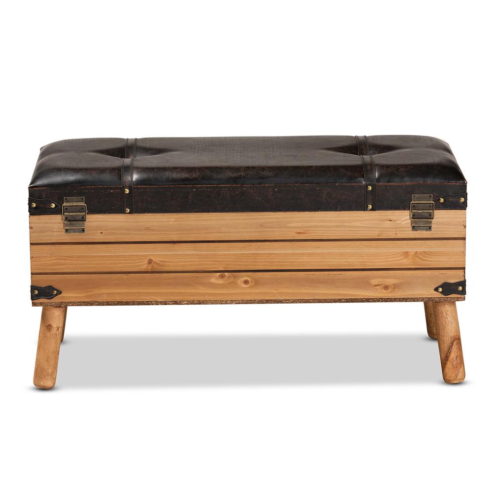 Dark Brown PU Leather Upholstered and Oak Finished Wood Large Storage Ottoman. Picture 17
