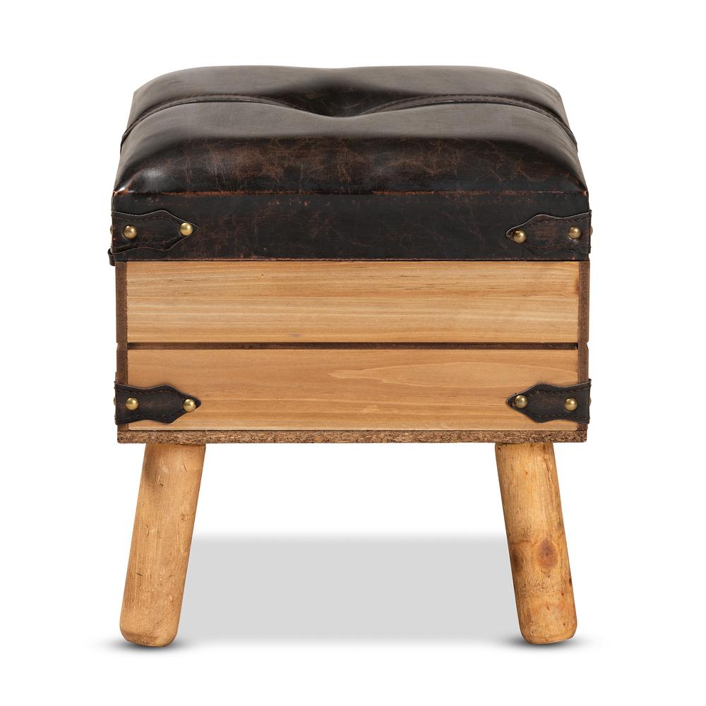 Dark Brown PU Leather Upholstered and Oak Finished Wood Small Storage Ottoman. Picture 15