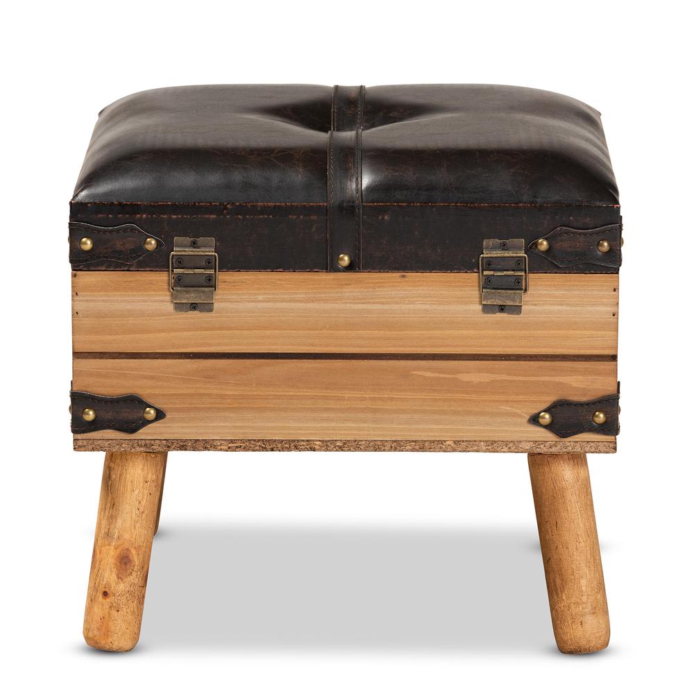 Dark Brown PU Leather Upholstered and Oak Finished Wood Small Storage Ottoman. Picture 16