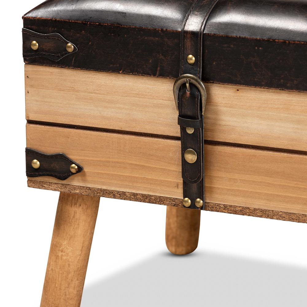 Dark Brown PU Leather Upholstered and Oak Finished Wood Small Storage Ottoman. Picture 17