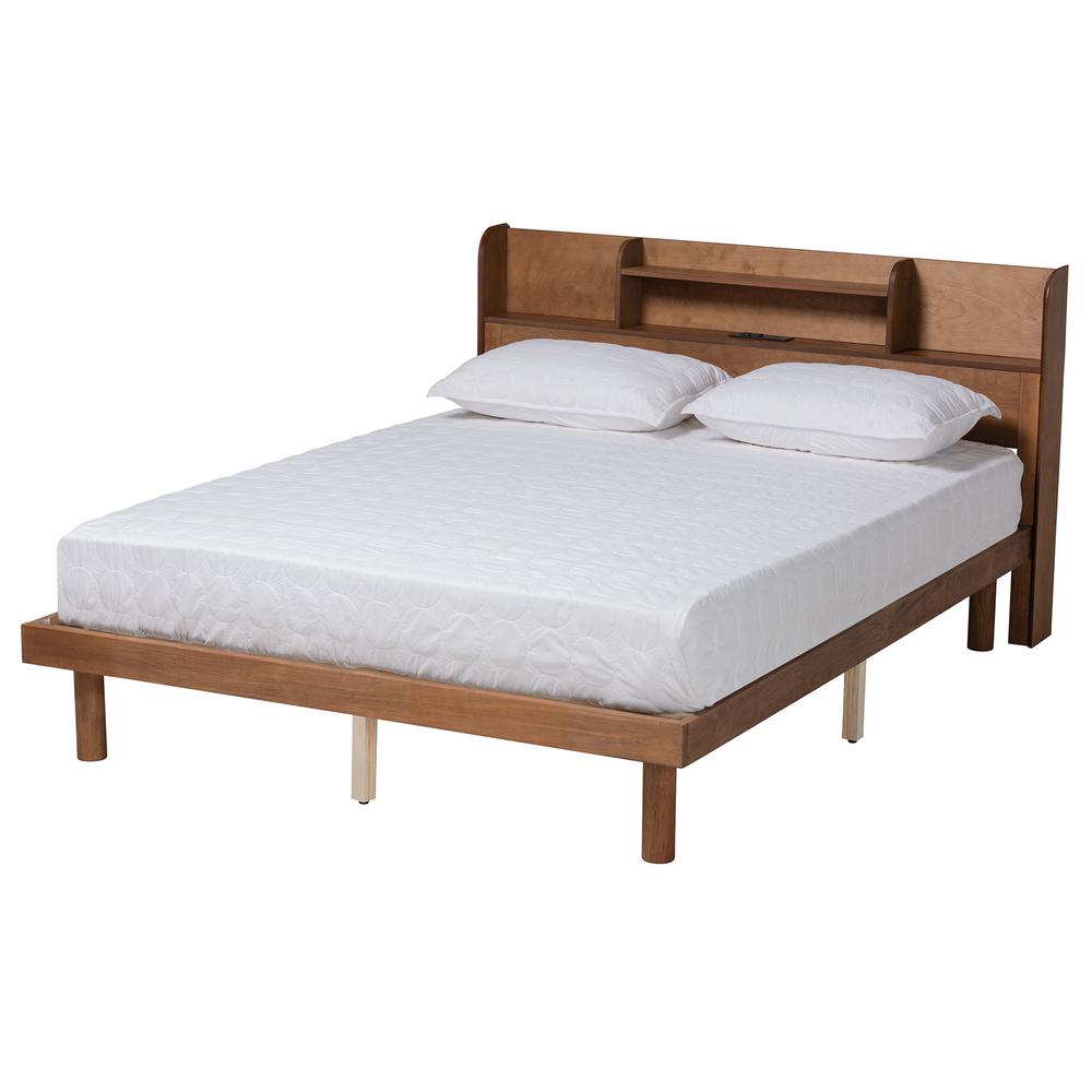Walnut Brown Finished Wood Full Size Platform Bed with Charging Station. Picture 12
