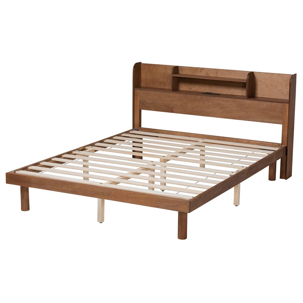 Walnut Brown Finished Wood Full Size Platform Bed with Charging Station. Picture 14