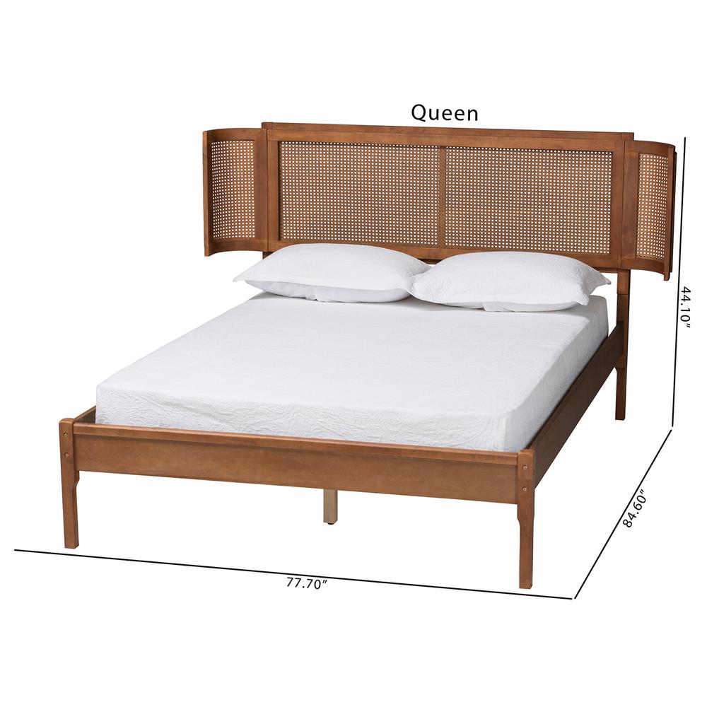 Walnut Brown Finished Wood and Natural Rattan Full Size Platform Bed. Picture 20