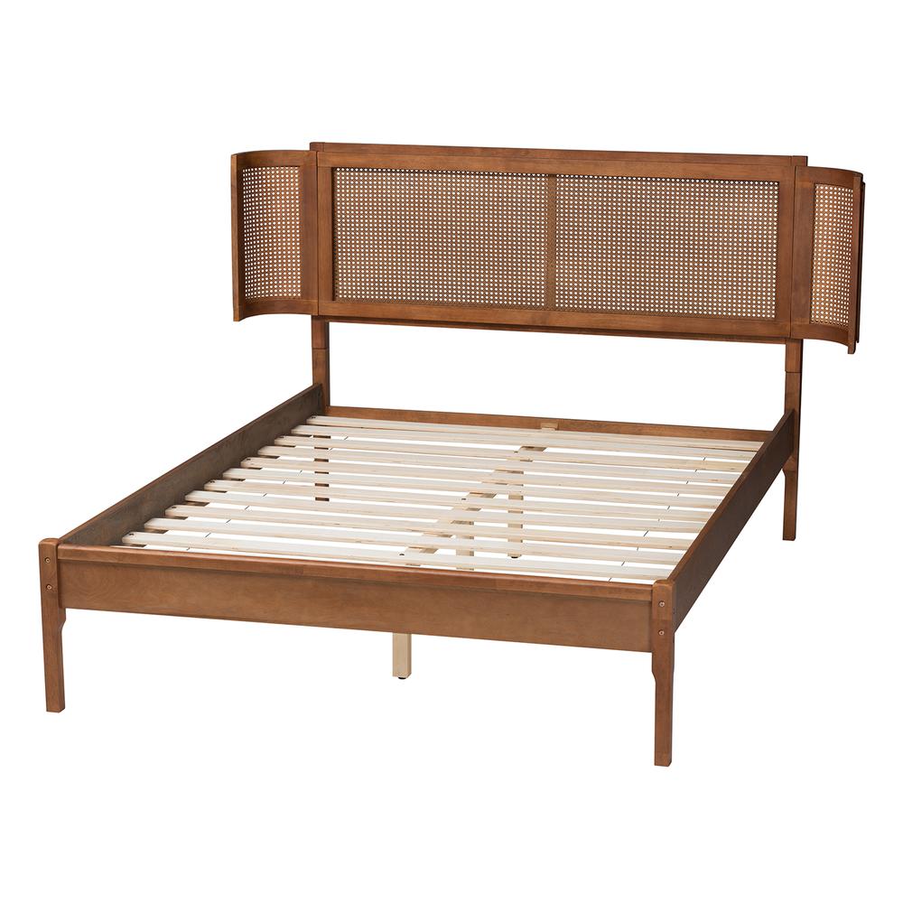 Walnut Brown Finished Wood and Natural Rattan Full Size Platform Bed. Picture 13