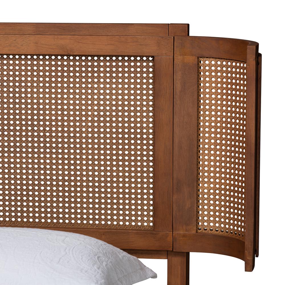 Walnut Brown Finished Wood and Natural Rattan Full Size Platform Bed. Picture 14