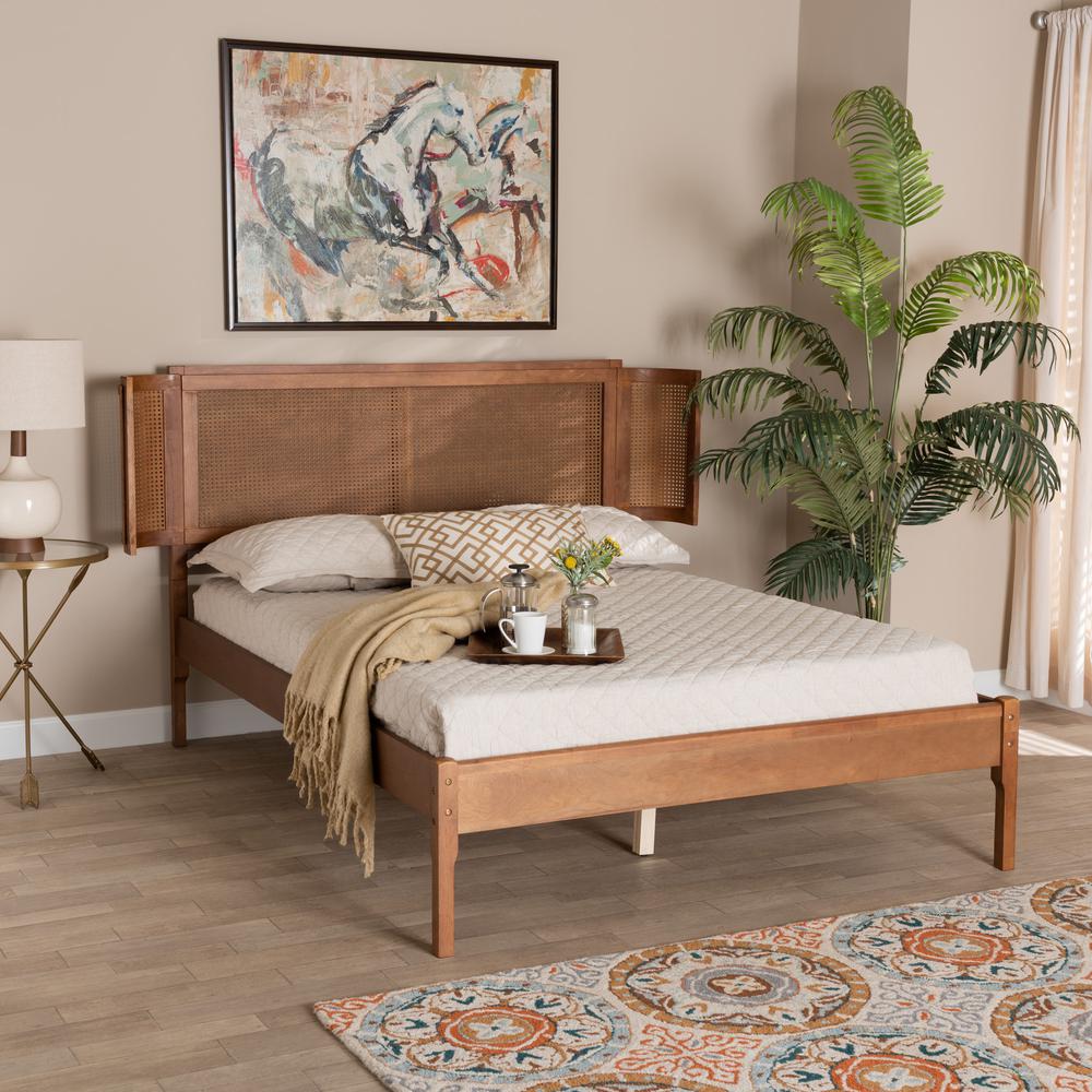 Walnut Brown Finished Wood and Natural Rattan Full Size Platform Bed. Picture 17