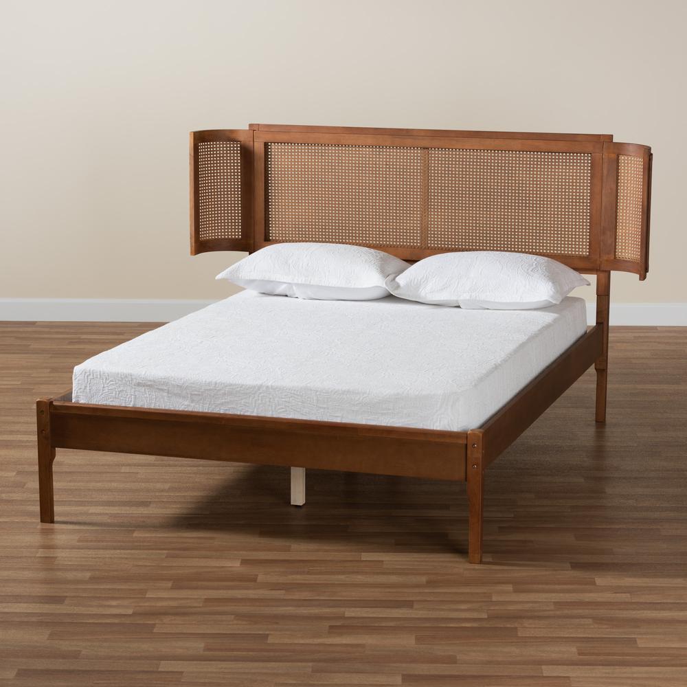 Walnut Brown Finished Wood and Natural Rattan Full Size Platform Bed. Picture 18