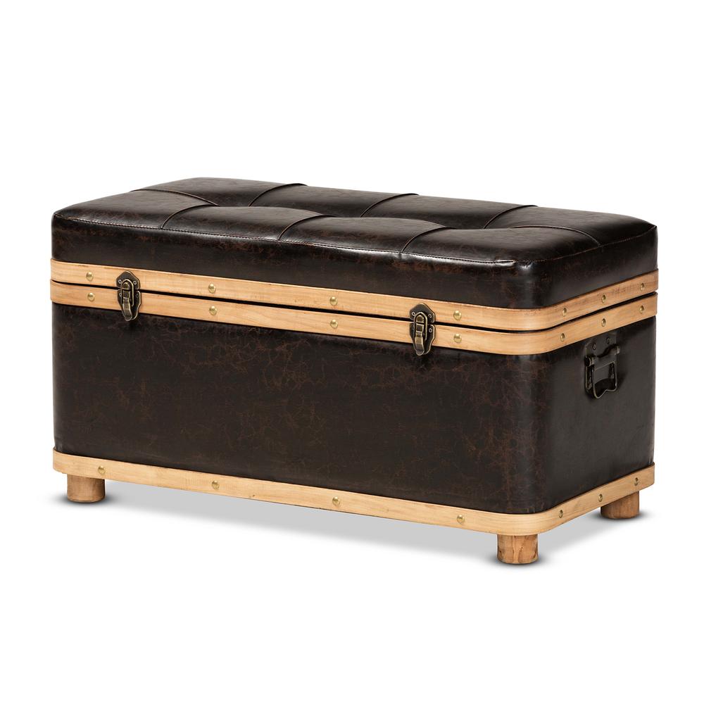 Leather Upholstered and Oak Brown Finished Wood Large Storage Ottoman. Picture 14