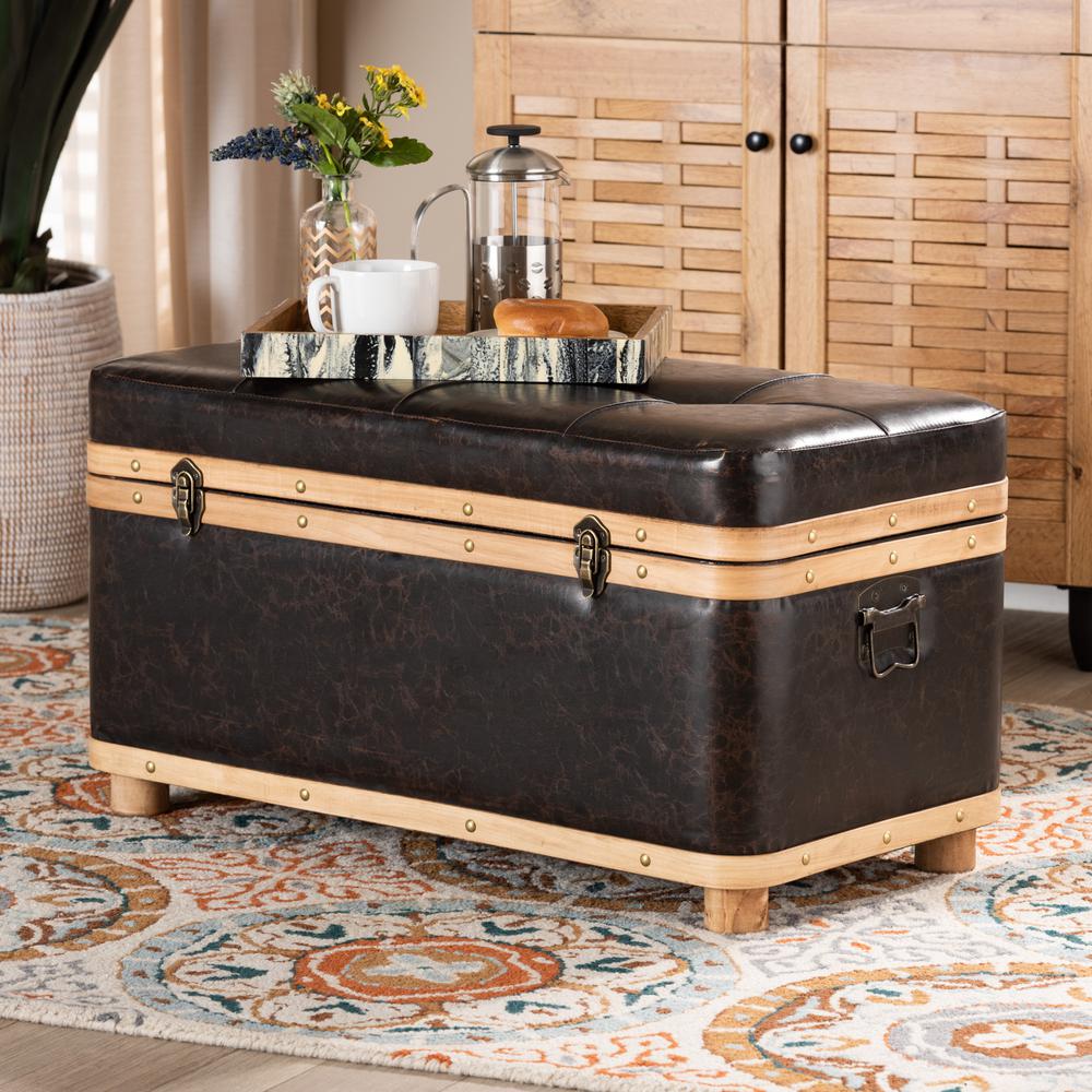 Leather Upholstered and Oak Brown Finished Wood Large Storage Ottoman. Picture 23