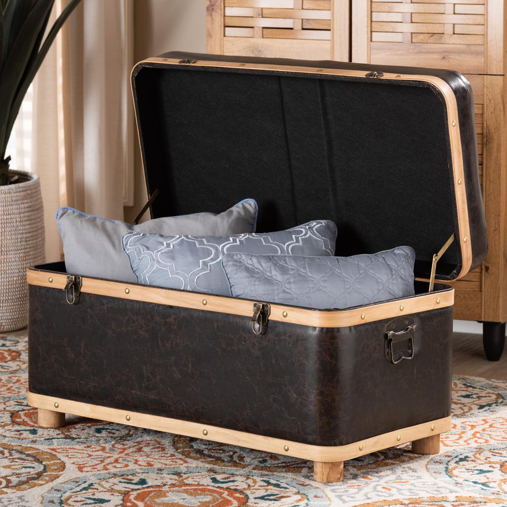 Leather Upholstered and Oak Brown Finished Wood Large Storage Ottoman. Picture 24