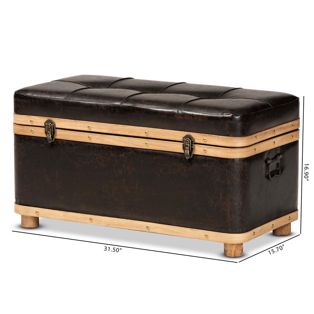Leather Upholstered and Oak Brown Finished Wood Large Storage Ottoman. Picture 26
