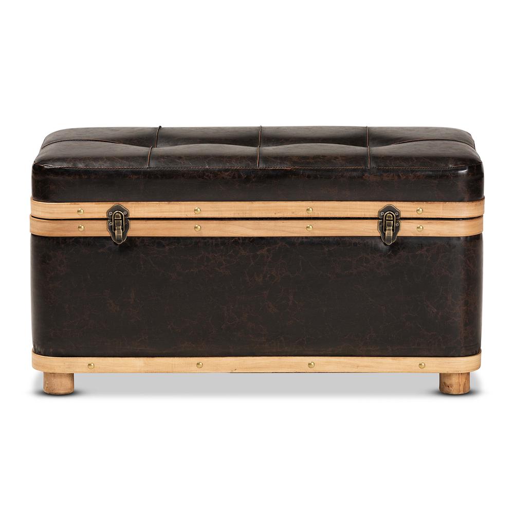 Leather Upholstered and Oak Brown Finished Wood Large Storage Ottoman. Picture 16