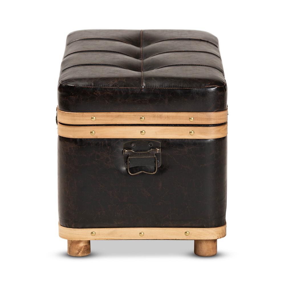 Leather Upholstered and Oak Brown Finished Wood Large Storage Ottoman. Picture 17