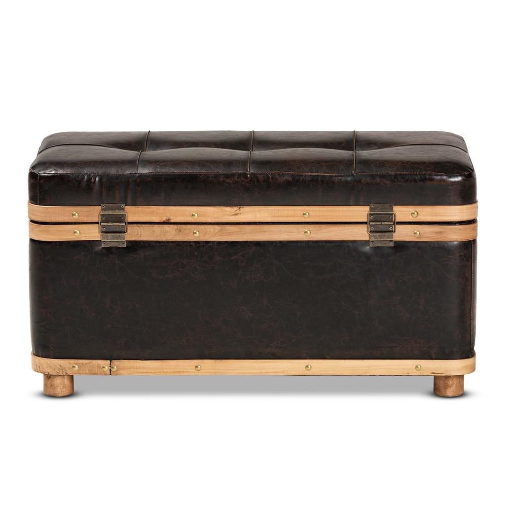 Leather Upholstered and Oak Brown Finished Wood Large Storage Ottoman. Picture 18