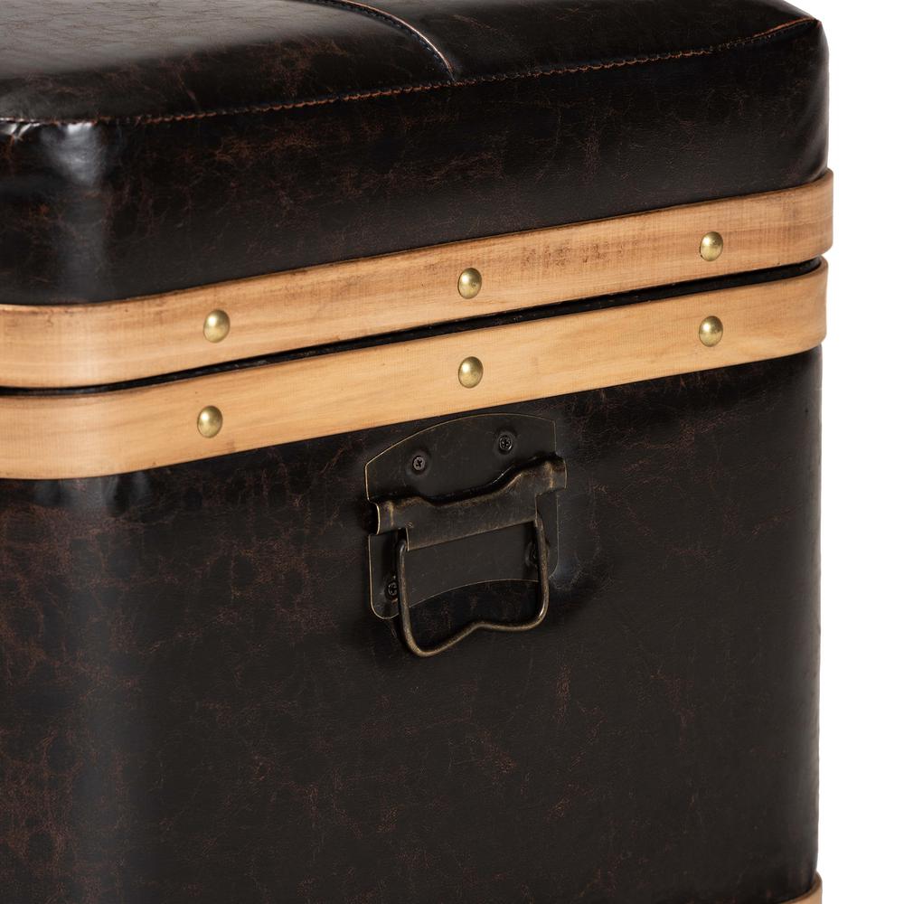 Leather Upholstered and Oak Brown Finished Wood Large Storage Ottoman. Picture 21