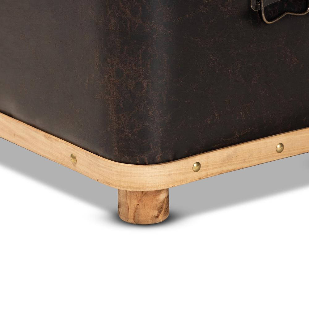 Leather Upholstered and Oak Brown Finished Wood Large Storage Ottoman. Picture 22