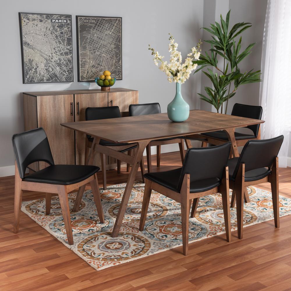 Leather Upholstered and Walnut Brown Finished Wood 7-Piece Dining Set. Picture 16