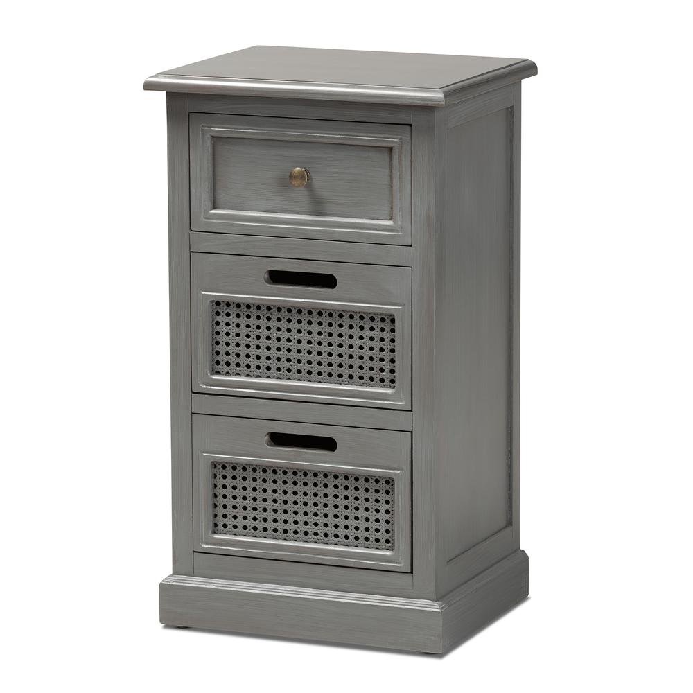 Vintage Grey Finished Wood and Synthetic Rattan 3-Drawer End Table. Picture 10