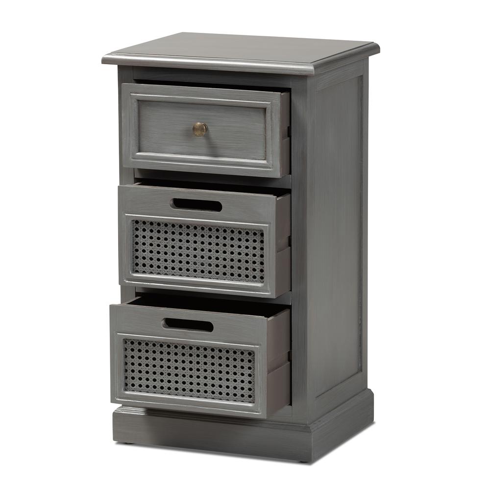 Vintage Grey Finished Wood and Synthetic Rattan 3-Drawer End Table. Picture 11