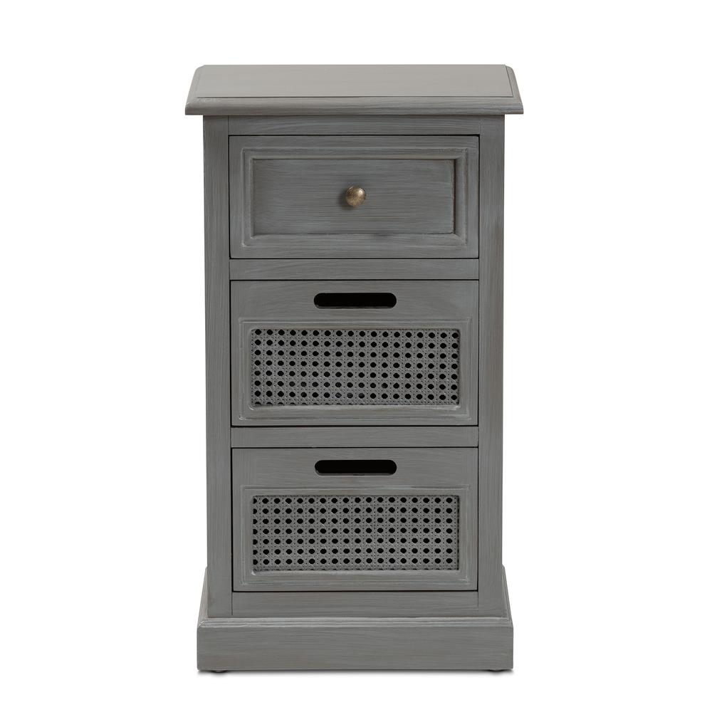 Vintage Grey Finished Wood and Synthetic Rattan 3-Drawer End Table. Picture 12