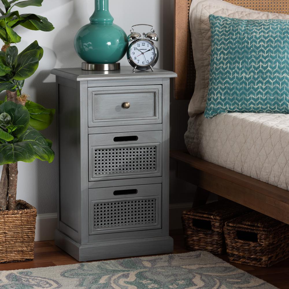 Vintage Grey Finished Wood and Synthetic Rattan 3-Drawer End Table. Picture 16
