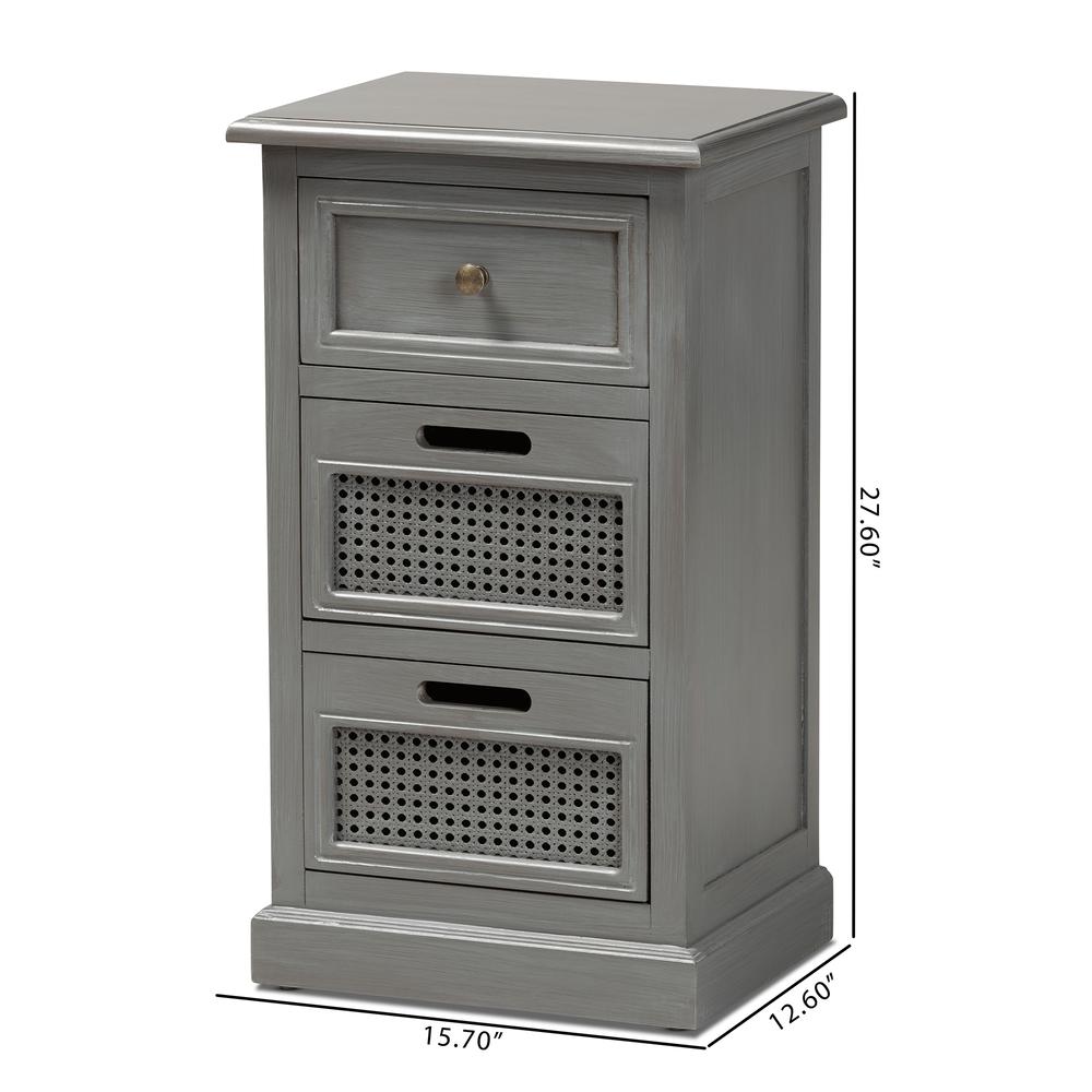 Vintage Grey Finished Wood and Synthetic Rattan 3-Drawer End Table. Picture 18