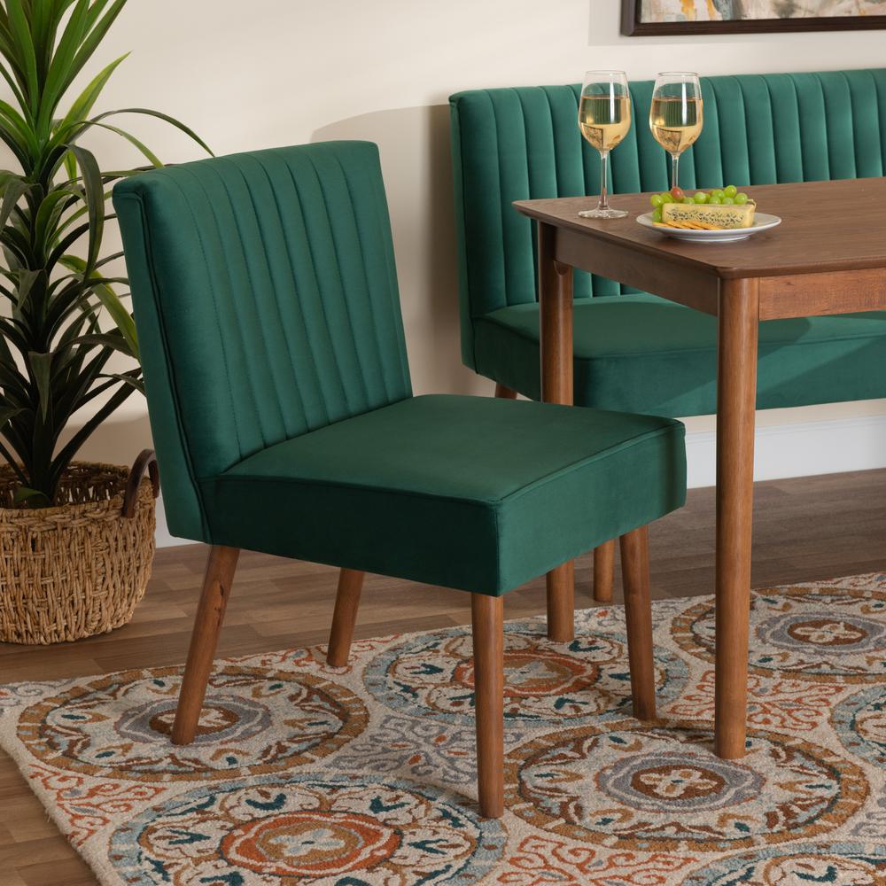 Emerald Green Velvet Upholstered and Walnut Brown Finished Wood Dining Chair. Picture 18
