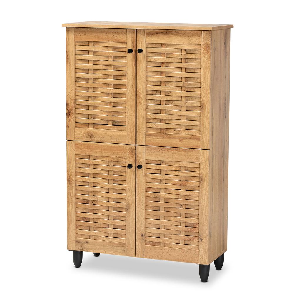 Oak Brown Finished Wood 4-Door Shoe Storage Cabinet. Picture 11